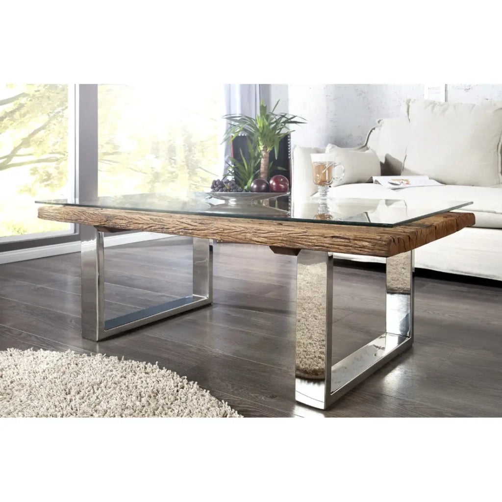 Tavolino basso RAFTA 110 cm in teak riciclato e vetro temperato – Design industriale con gambe a U
