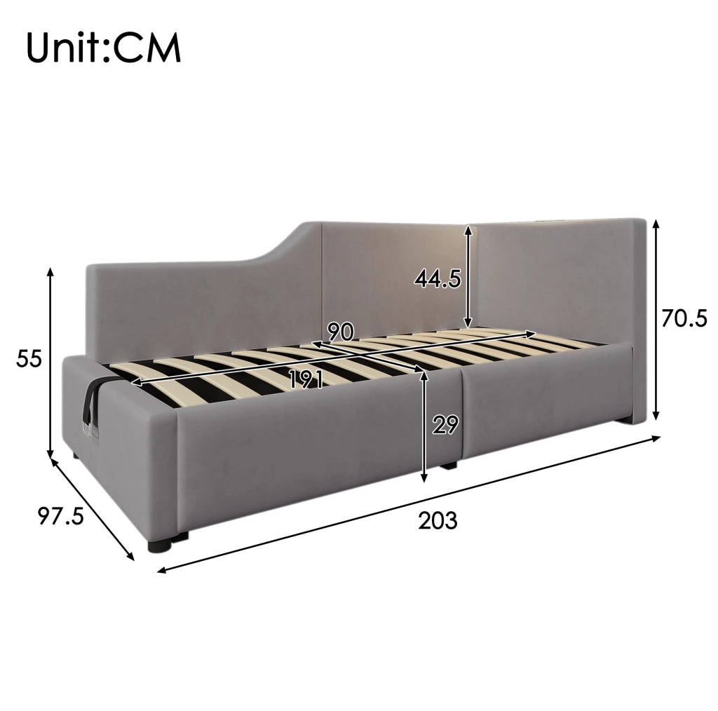 Letto a giorno 90x190 cm con contenitore; lampada da lettura e USB C; velluto grigio