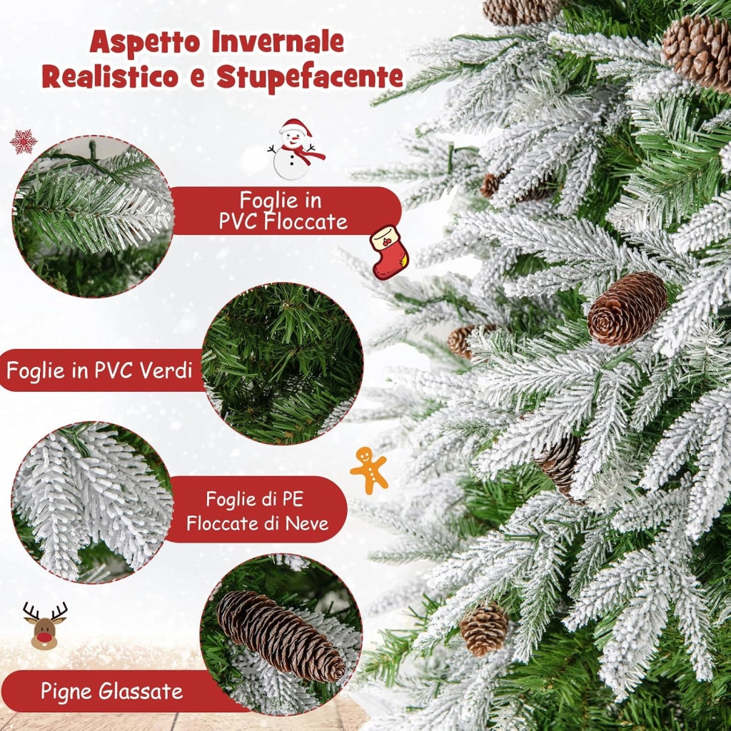 Albero di Natale Artificiale Pre-Luminoso 190 CM, Albero di Natale Innevato con 280 Luci LED Bianche Calde, 765 Punte, 62 Pigne e Base Metallica (190 CM)