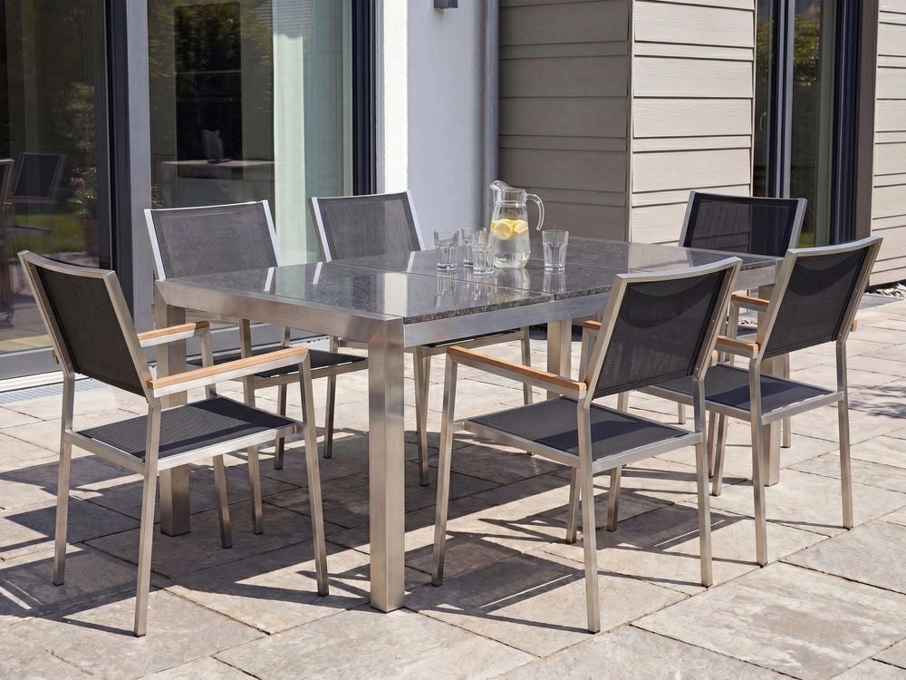 Set da pranzo da giardino Nero con piano in granito grigio 6 posti 180 x 90 cm
