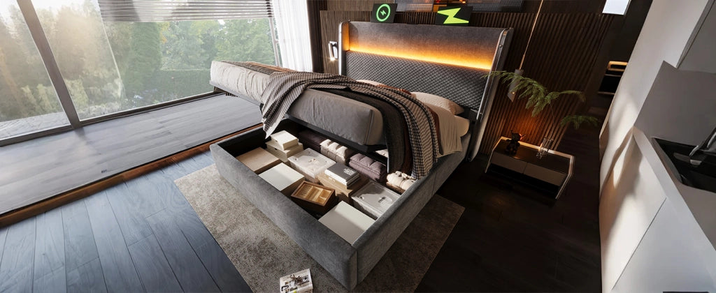 DESMIU Letto contenitore 140 × 200 cm 2 posti con LED, USB e Type-C, senza materasso, in lino, grigio