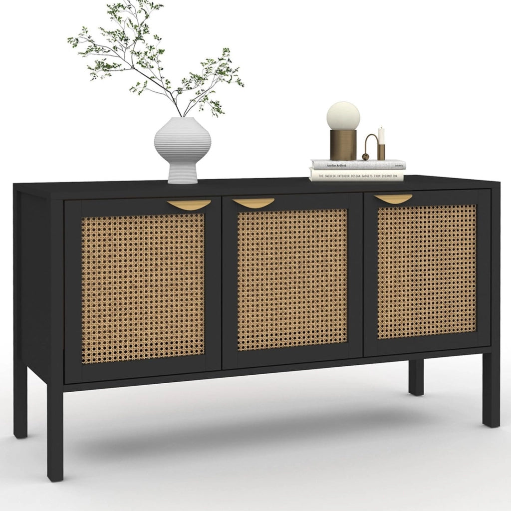 EDHEN 110 cm Credenza bassa a 3 ante in legno nero e canna da zucchero