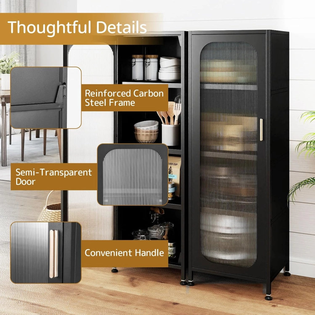 Armadietto da cucina con rotelle, 5 ripiani a buffet con ripiani regolabili, Mobile alto con anta trasparente, armadio multiuso per sala da pranzo, soggiorno, 45 x 40 x 141 cm (nero)