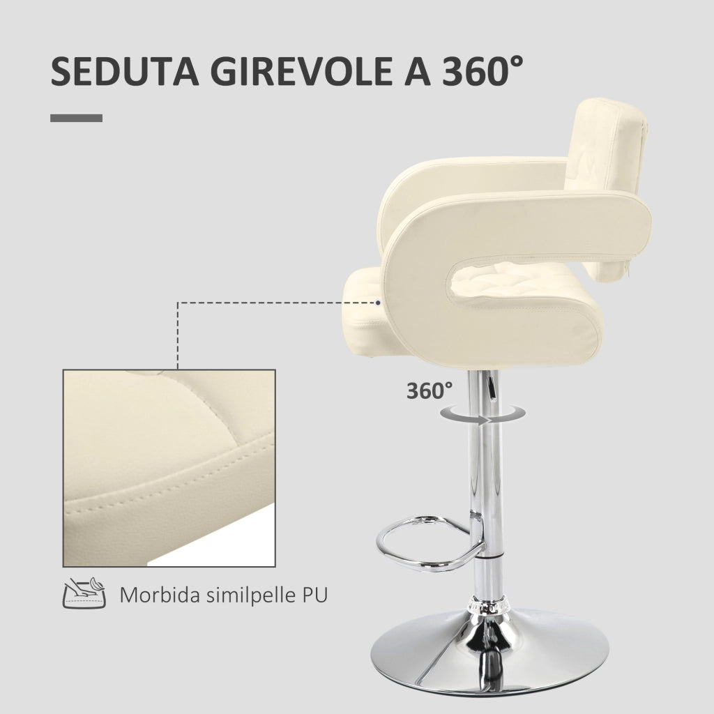 Sgabello Bar con Schienale e Braccioli ¨C zephmum ¨C Pelle Bianca, Struttura in Acciaio, Altezza Regolabile