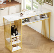 Bartisch con ripiani 140 x 40 x 105 cm in MDF e metallo; bianco e oro; effetto marmo