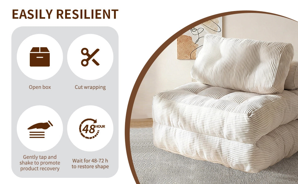 Divano letto singolo pieghevole con supporto avvolgente e design compatto in flanella bianca 52 × 42 × 33 cm