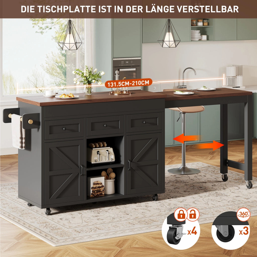 Tavolo da Pranzo Allungabile con Isola Cucina e Cassetti ¨C MINIMAL ¨C Nero 131,5-210 cm