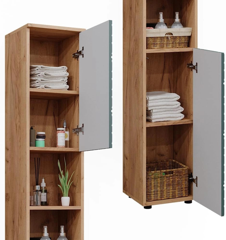 Mobiletto da bagno Irma, Quercia verde/oro, 30 x 192 cm, per la conservazione di accessori da bagno e compatibile con la serie Irma
