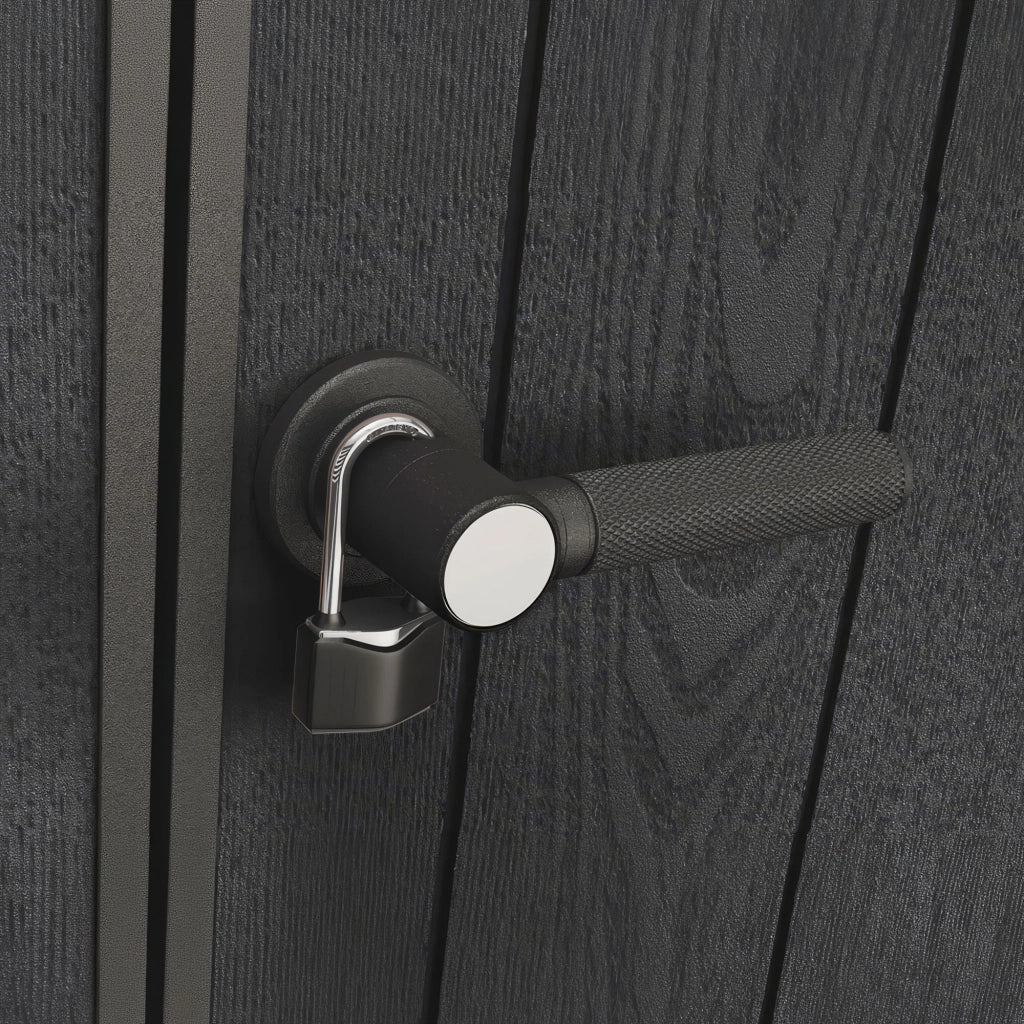 Pent 11x7 - Casetta da Giardino 342x226x218 cm 2 Ante per deposito attrezzi finitura effetto legno Evotech+ in Resina Marrone e Nero