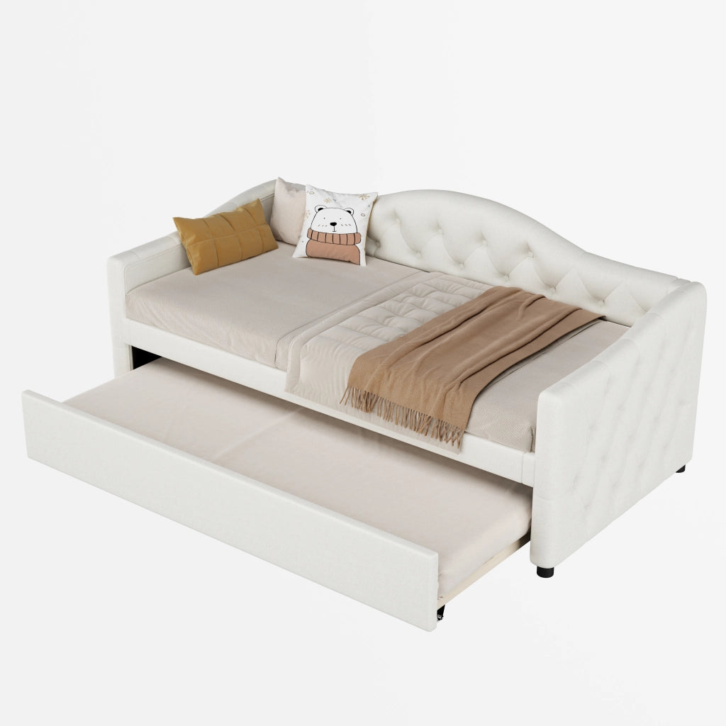 Daybed 90x200 cm con letto estraibile, divano letto singolo in lino beige, senza materasso