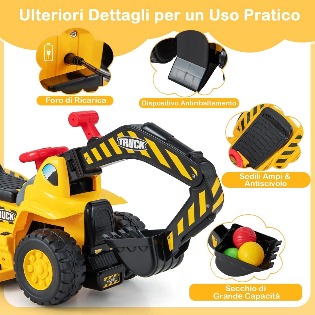 Escavatore Elettrico per Bambini, Ruspa con Vano Clacson ed Effetti Sonori, Canestro da Basket Pieghevole e 3 Palline, Giocattolo per Scavare per Bambini 2 Anni +