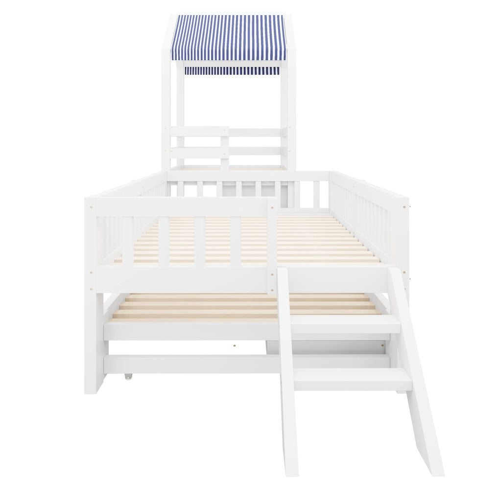 Letto per bambini a casetta 90x200 cm con letto estraibile; scala laterale e cassetti; bianco in legno massello