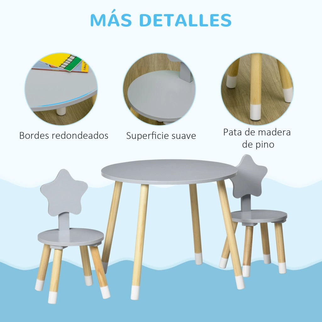 Tavolo da pranzo rotondo per bambini con 2 sedie ¨C zephmum ¨C grigio ?59x50 cm