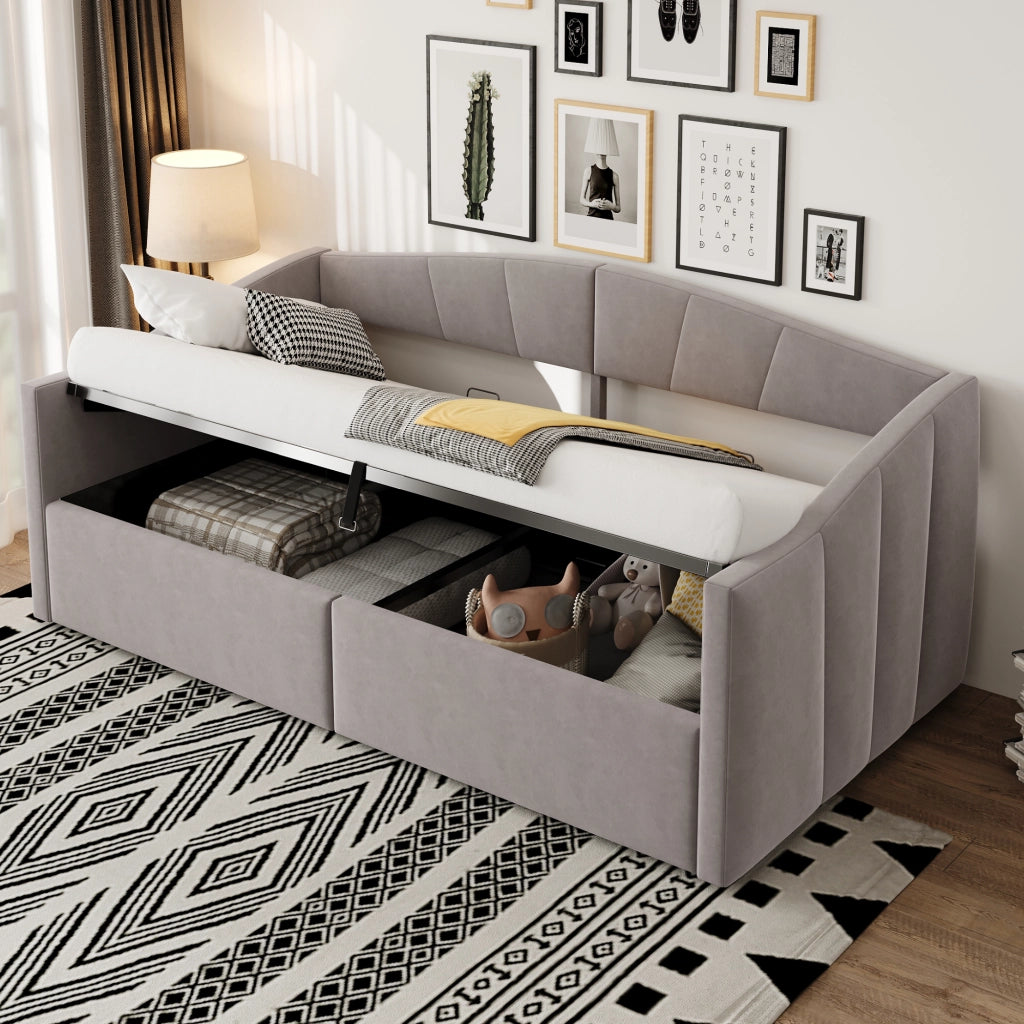 OKWISH Letto Divano 90×200 cm, Letto Singolo con Contenitore Idraulico, Schienale e Braccioli, senza Materasso, in Velluto, Grigio Chiaro