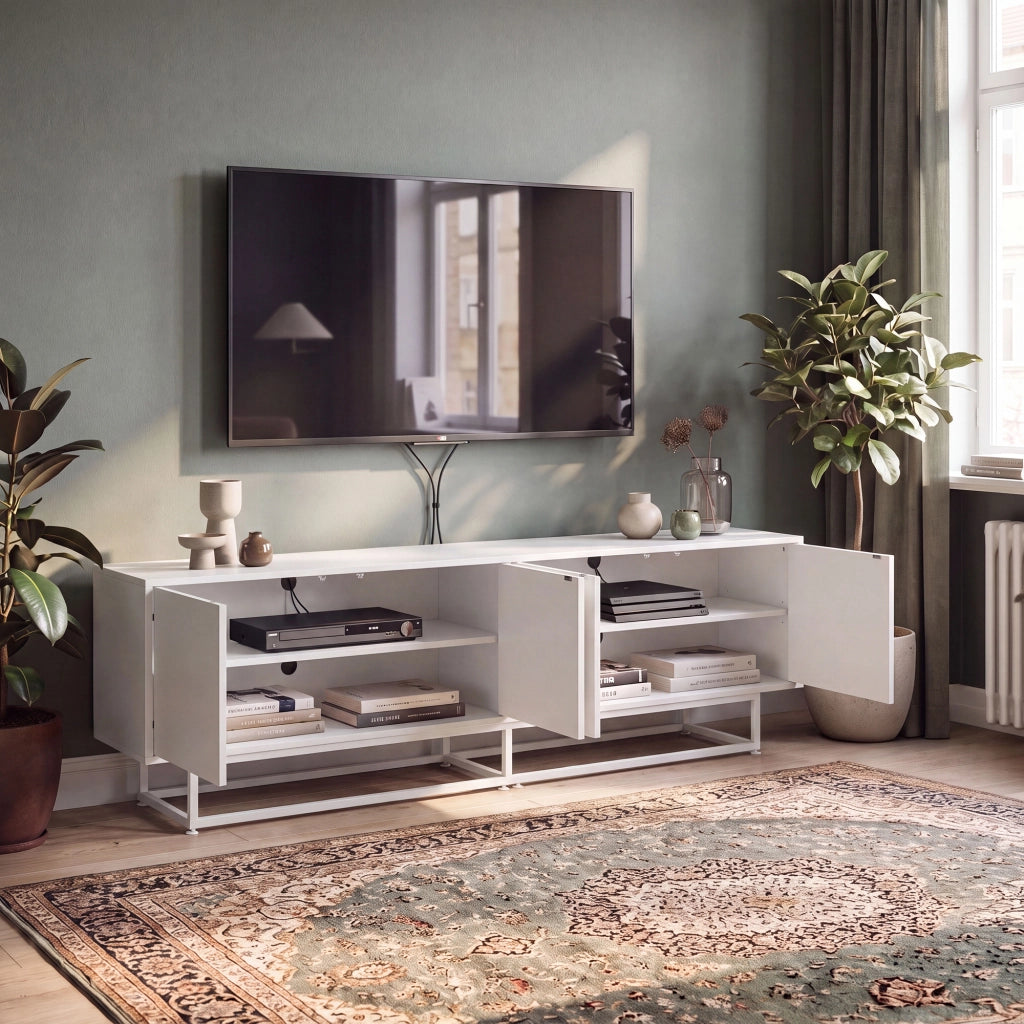 Armadietto Boxholm Credenza Bassa con 4 Ante Push-Open 180x30x56 cm Avena Oatmeal [en.casa]