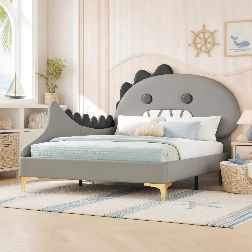 Letto per bambini dinosauro grigio 90 x 200 cm in PU e MDF