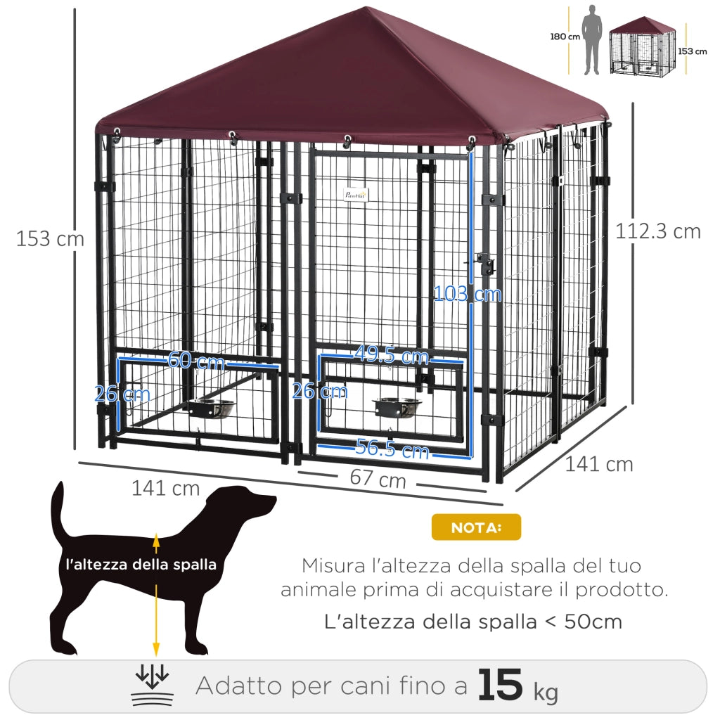 Recinto per Cani da Esterno, Box per Animali in Acciaio con Serratura, 2 Ciotole Girevoli e Copertura in Tessuto Oxford, Kennel Nero e Rosso
