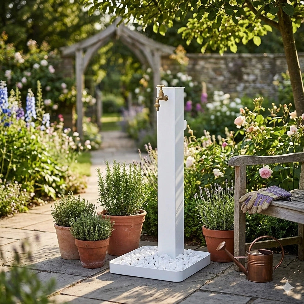 Fontana da Giardino con Rubinetto in Ottone e Base con Ciottoli 40x40x97 cm in Acciaio Bianco