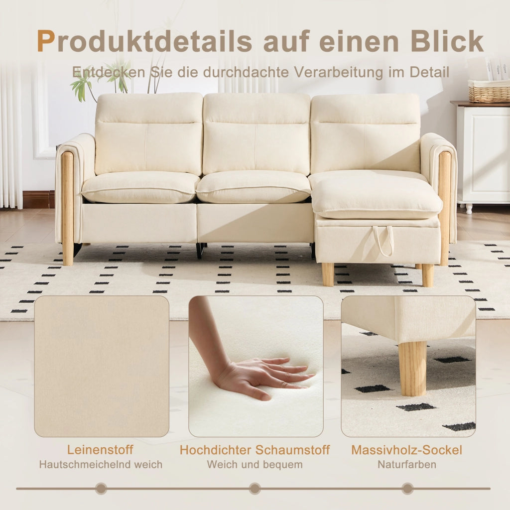 Divano ad angolo modulare in chenille con pouf contenitore e tasche laterali in legno beige per piccoli spazi