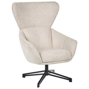 Poltrona Girevole in Tessuto Beige Chiaro Stile Mid-Century Modern con Schienale Alto e Seduta a Guscio con Braccioli Avvolgenti
