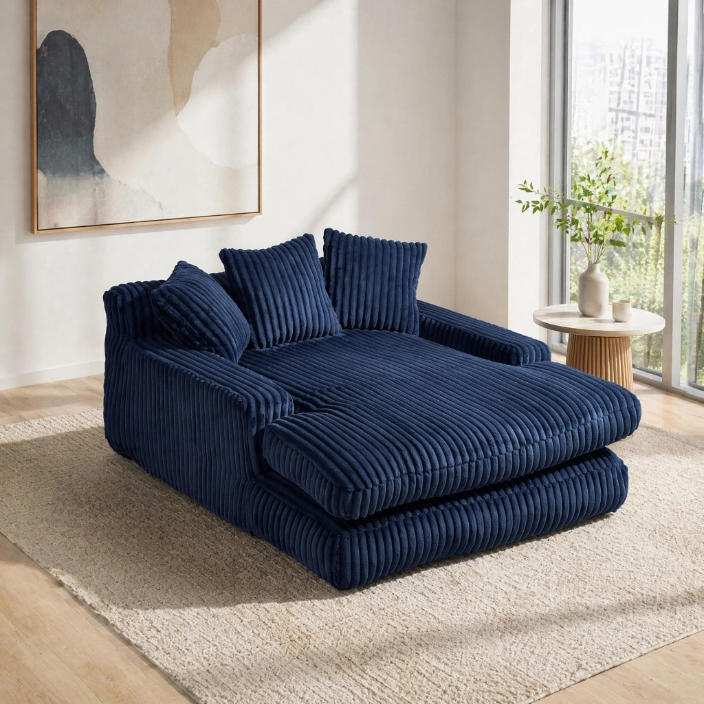 Méridienne Poltrona con 3 Cuscini, Design Ergonomico, in Velluto a Coste Blu Navy 125 × 155 × 63 cm