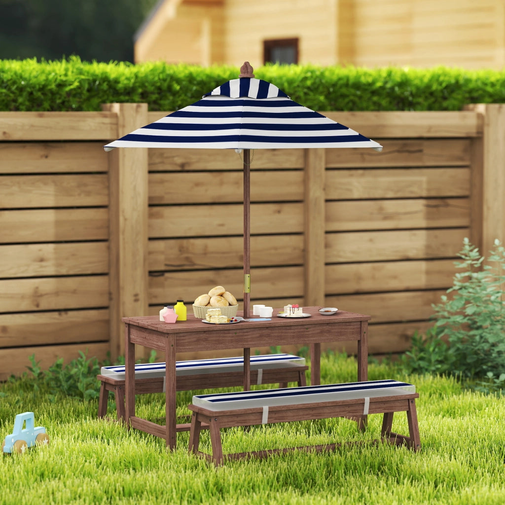 Set Tavolo e Panche da Giardino per Bambini in Legno di Abete con Ombrellone 120 cm e Cuscini a Righe Bianco e Blu Navy Robusto