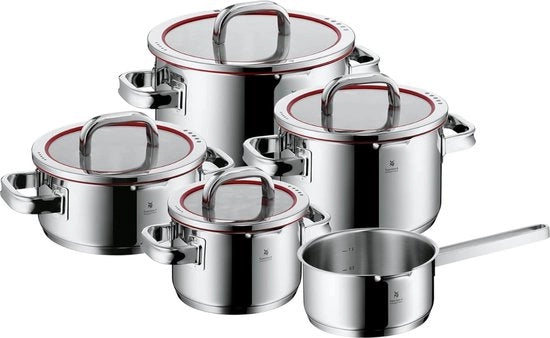 Set di pentole di alta qualità - 5 pezzi - adatto per induzione - coperchio in vetro innovativo con 4 funzioni di scarico - impugnature non calde - resistente al lavastoviglie