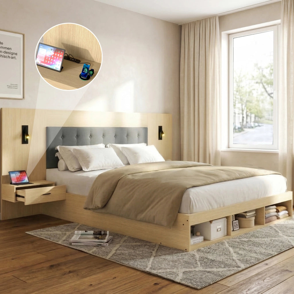 Letto matrimoniale 160x200 cm con luci orientabili; prese USB e Type-C; rovere chiaro in MDF