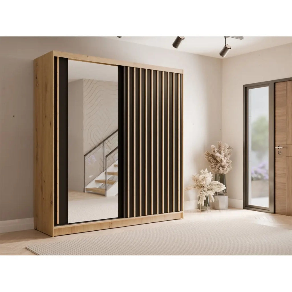 Armadio KAZU a 2 porte scorrevoli con specchio in rovere e grigio grafite 205 cm