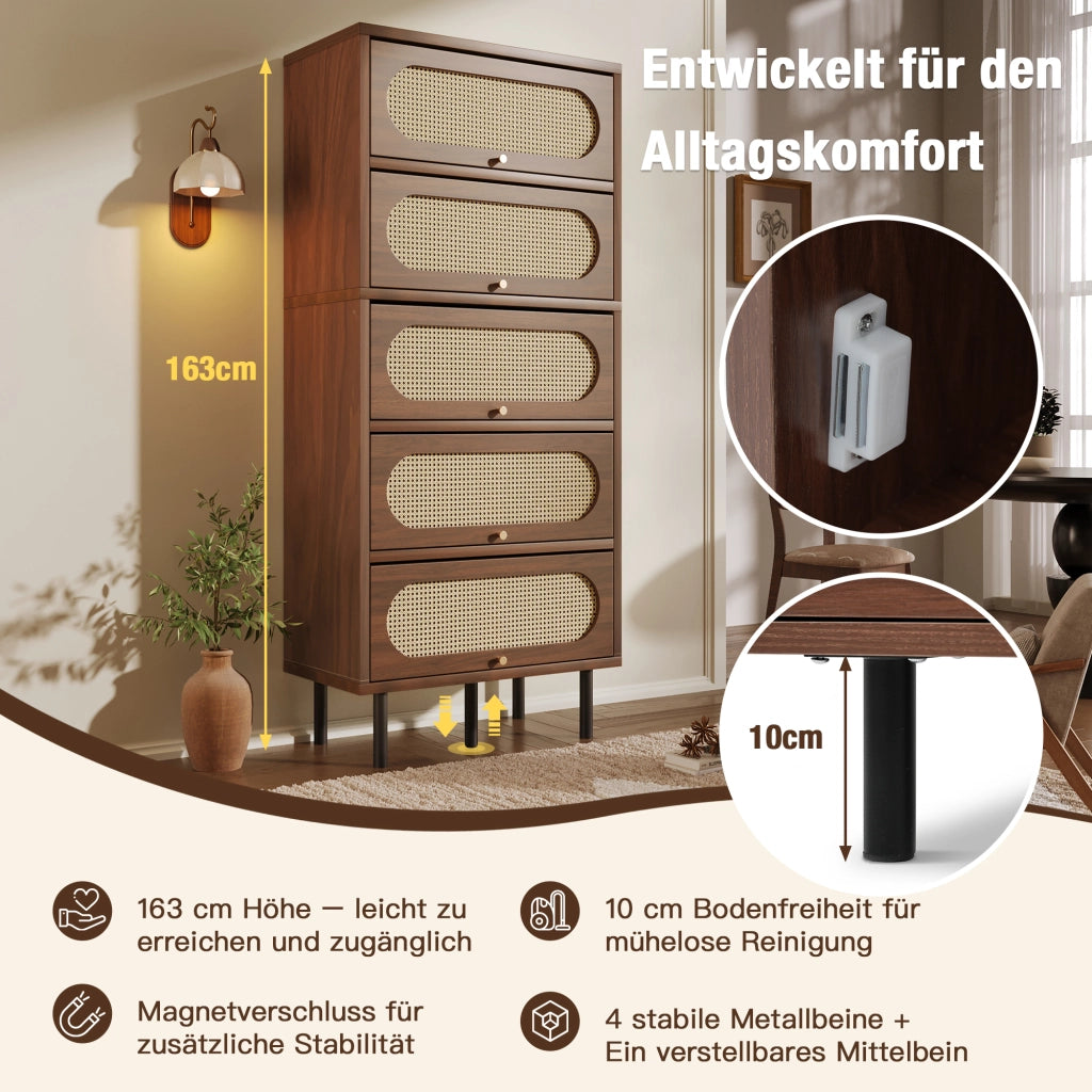 CREDENZA 80x40x163 cm Nussbaum con Rattan e 5 ante a ribalta