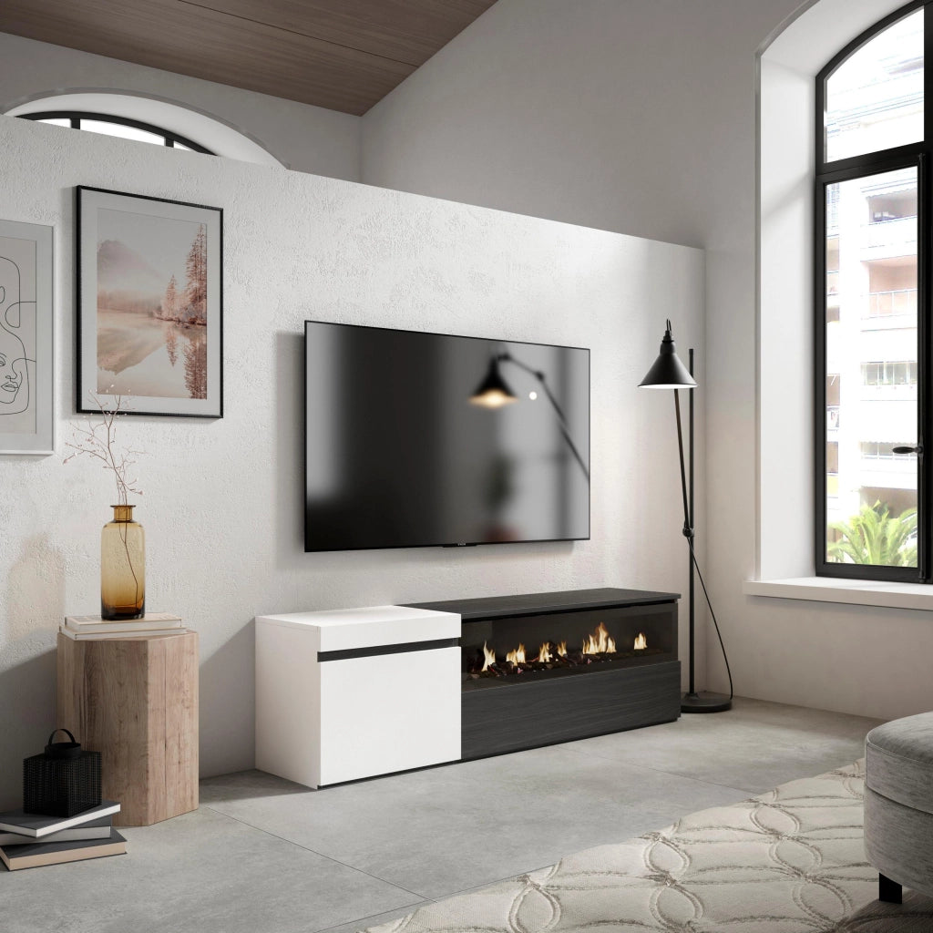 Mobile TV Soggiorno, 150x35x45cm, Per TV fino a 65", Camino elettrico, Bianco e nero RF2448