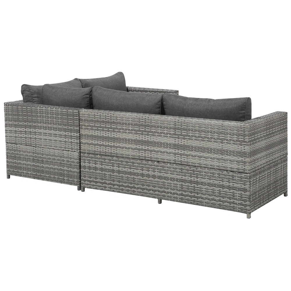 Divano ad angolo da giardino in rattan grigio con cuscini Tavolo quadrato in vimini per esterno con conversazione
