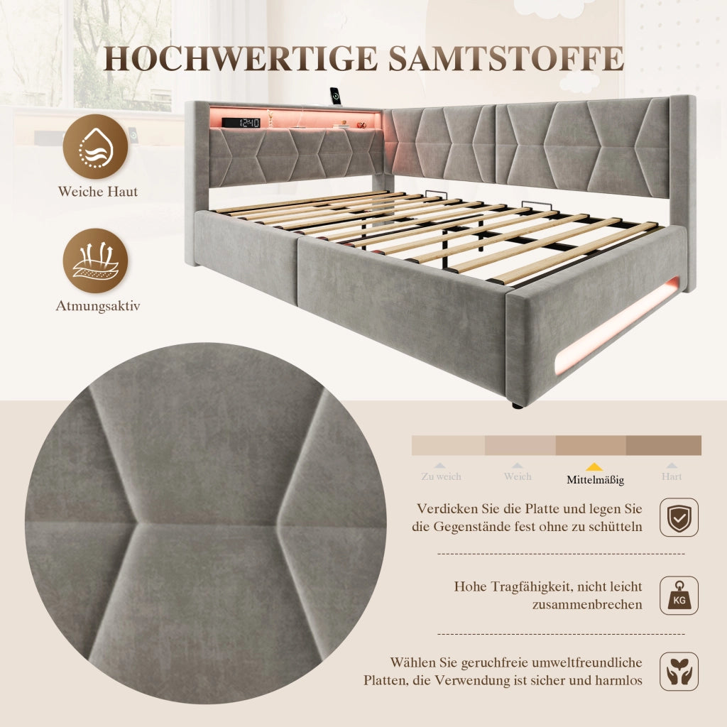LETTO imbottito 140x200 cm con contenitore, velluto grigio scuro, LED, USB e Type-C