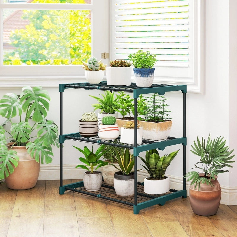 Scaffale a 3 livelli per piante con struttura a innesto in plastica e acciaio verde scuro 68 × 49 × 72 cm