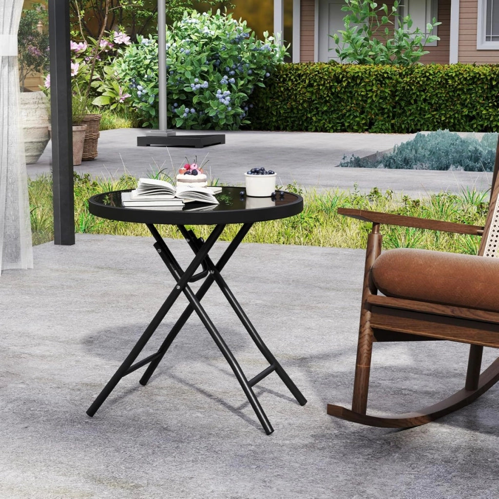 Tavolino pieghevole da 46 cm-Tavolino rotondo compatto da patio piano in vetro temperato Nero