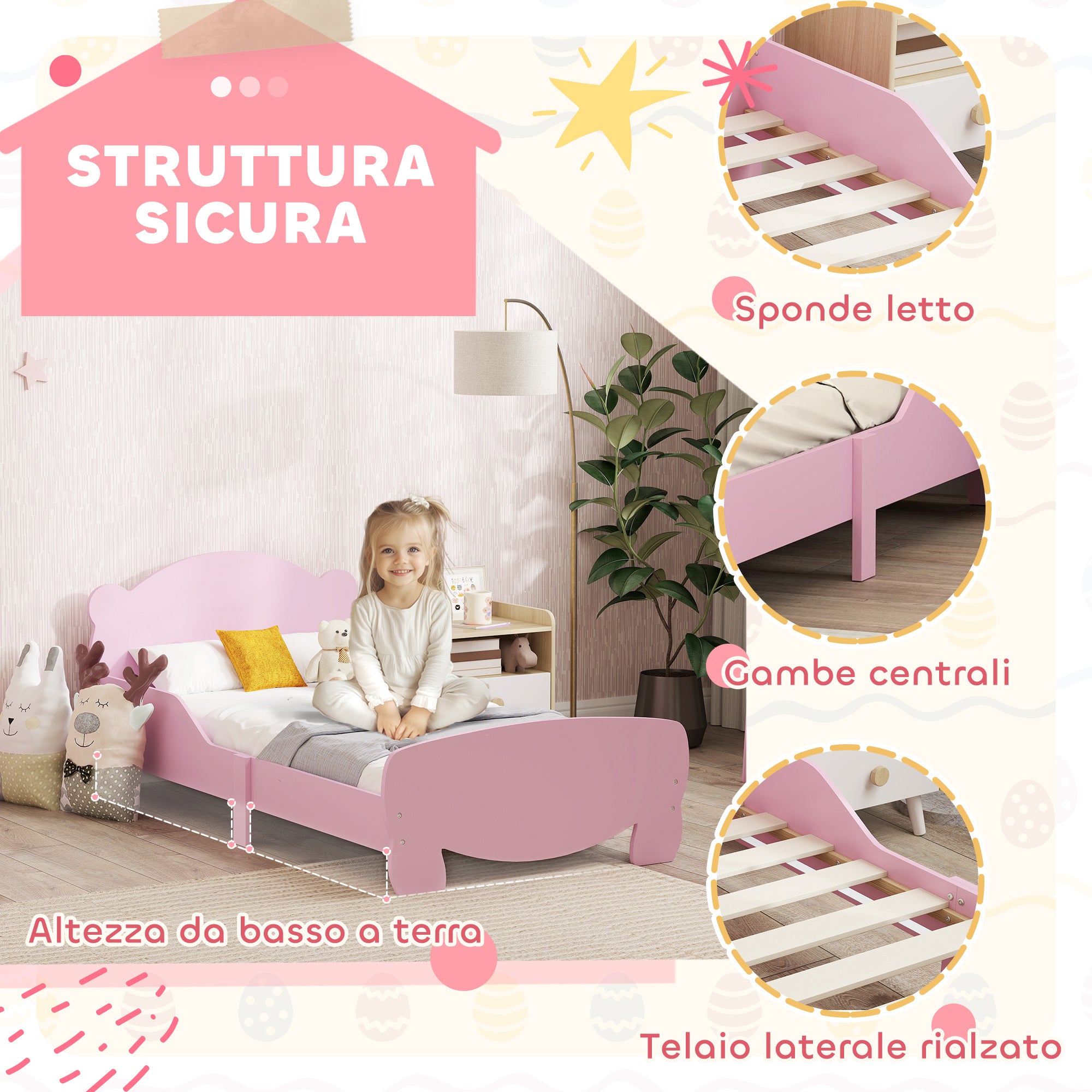 Struttura Letto Singolo per Bambini Orso 143,5x80x55 cm con Sponde Laterali in Legno Rosa