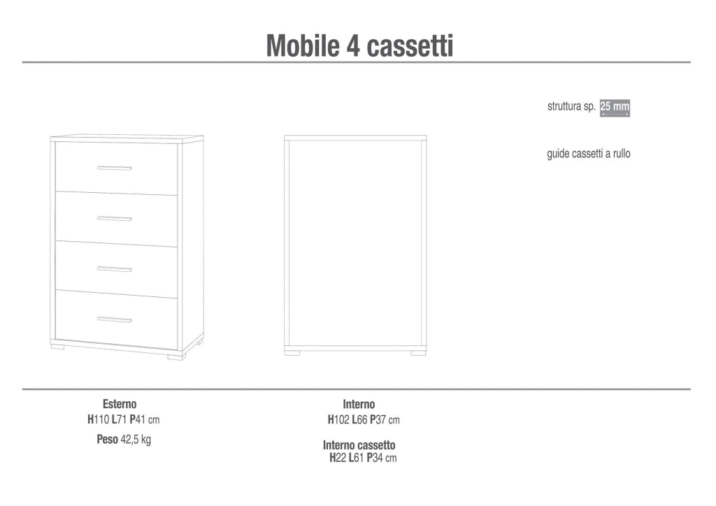 Cassettiera con 4 Cassetti 71x110x41 cm Ossido Bianco/Cemento