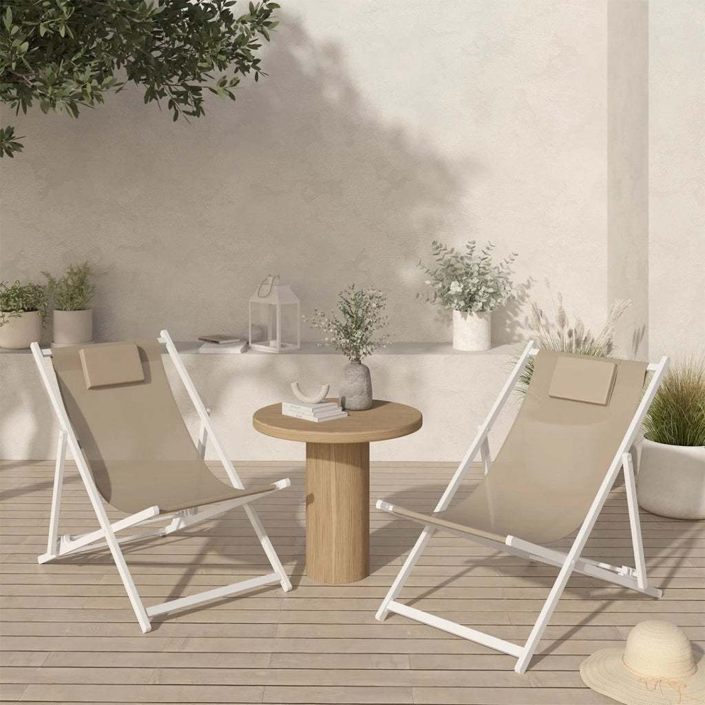 IDMarket - Set di 2 sedie in metallo bianco LOTA in tessuto textilene beige