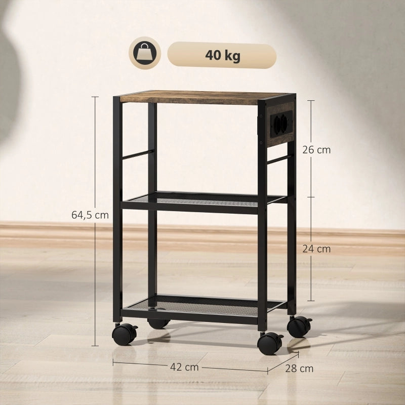 Scaffale con prese, porte USB e USB-C con ruote per ufficio domestico, MDF e acciaio, marrone rustico 42×28×64.5 cm