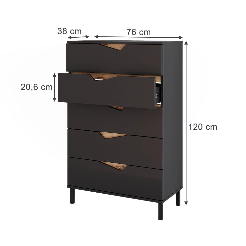 Vicco Cassettiera per camera da letto Antracite/Artisan 76 x 120 cm con 5 cassetti
