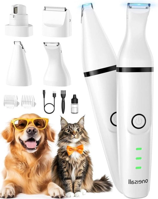 Tondeuse per cani e gatti multifunzione caricabile - trimmer e limatore unghie con 4 lama - bianco