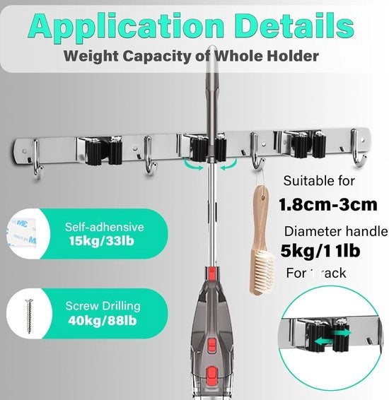 Houder per Assemini 6 pezzi, Supporto per Attrezzi Lista di Ganci per Assemini Supporto per Attrezzi per Giardinaggio (3 scanalature 4 ganci + 5 scanalature) Nero