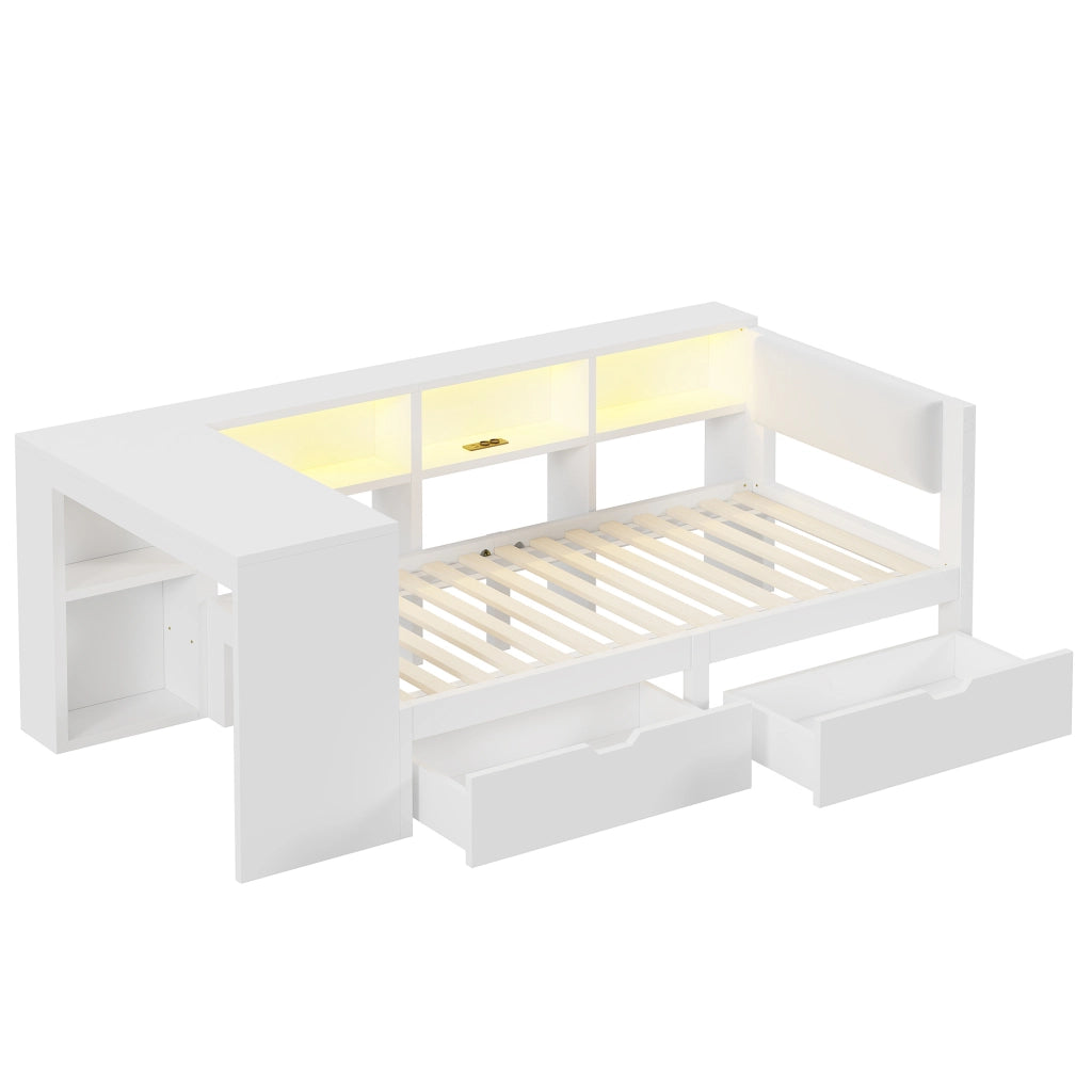 Letto singolo 90 × 200 cm con testiera imbottita, ripiani, 2 cassetti, USB, LED, senza materasso, bianco