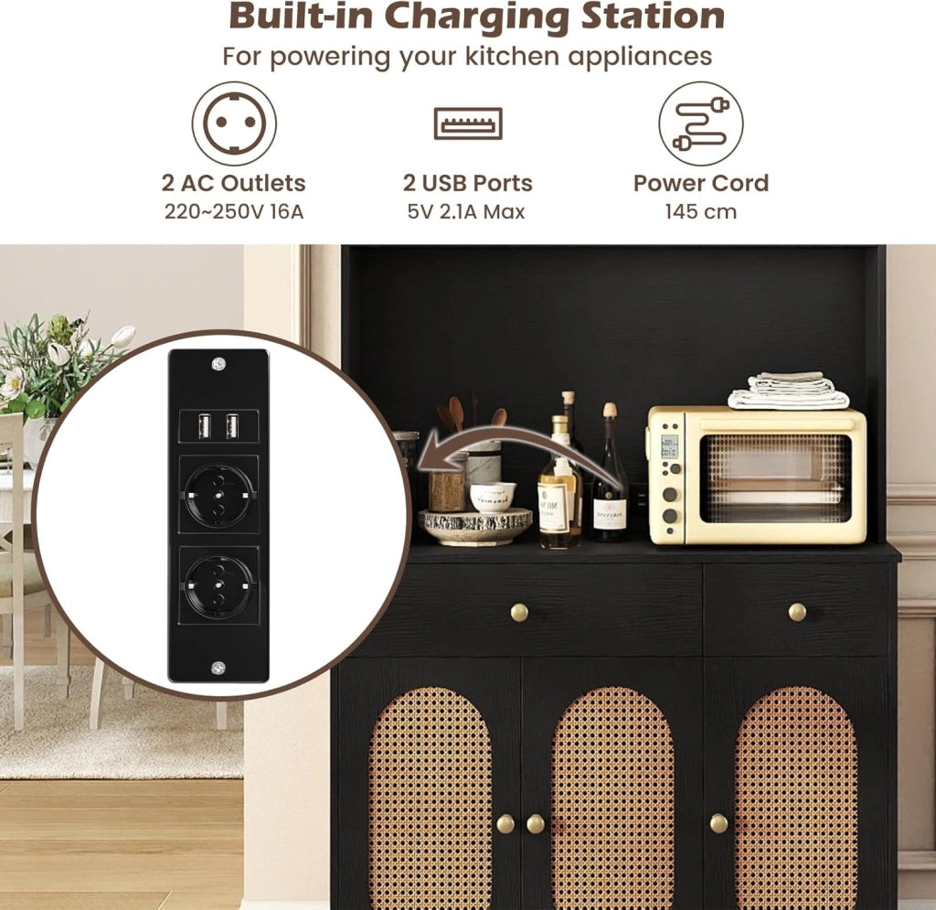 Credenza Alta da Cucina con Stazione di Ricarica, Armadio Dispensa con 2 Cassetti e Ante, Mobile Buffet con Ripiani Regolabili, per Sala da Pranzo, Soggiorno, 100 x 40 x 180 cm (Nero)