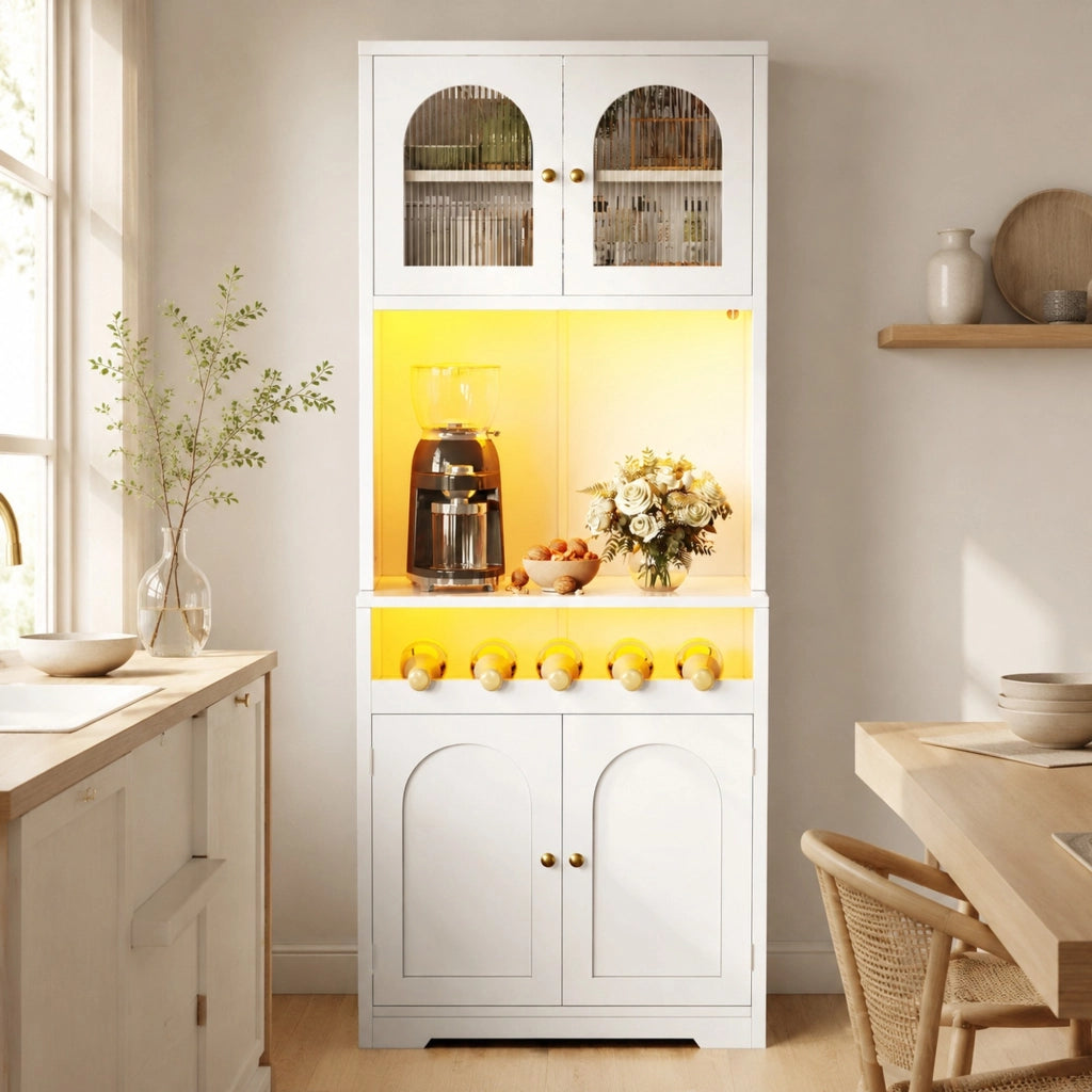 Mobile buffet alto 180 cm bianco con LED RGB e portabottiglie