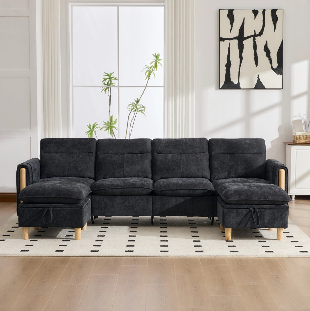 Divano modulare 4 posti a U con 2 pouf contenitore in ciniglia nero; 261x77x86 cm