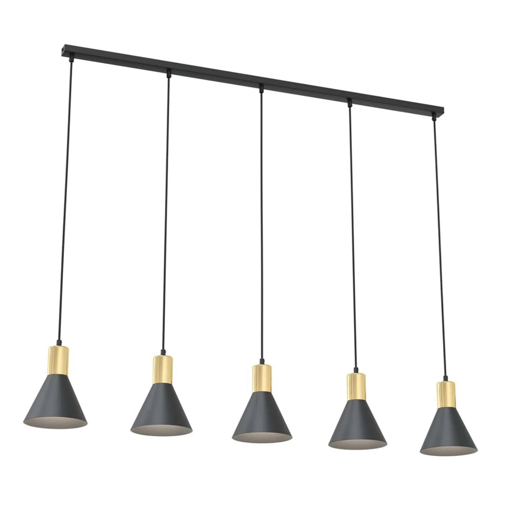 Lampadario 5 Luci Heimdall In Acciaio Nero E Paralumi Conici Nero E Oro
