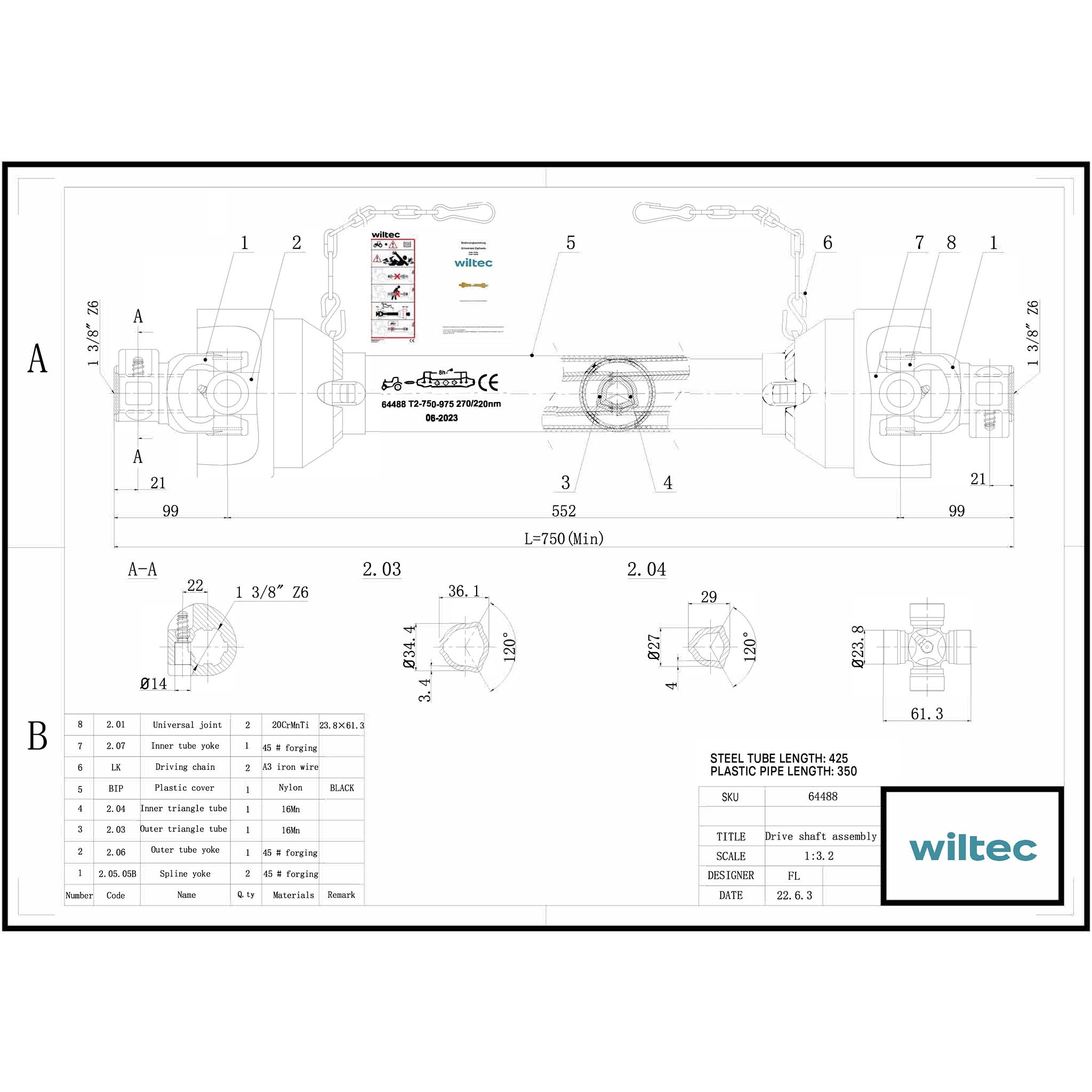 Albero cardanico T2 Giunto cardanico 750mm 270Nm 540rpm Cardano 23kW (31CV) 2x 1 3/8" 6 denti