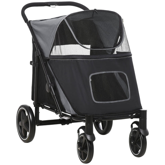 Passeggino per Cani Taglia Media e Grande 112x65x100 cm Pieghevole con Ingressi a Cerniera Grigio Scuro e Nero