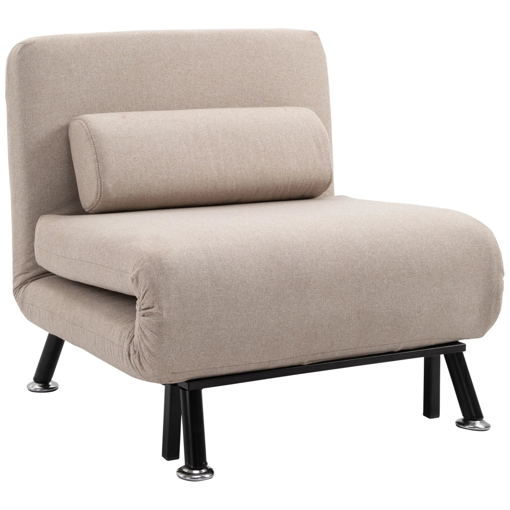 EasyComfort Poltrona Letto Singolo 3 in 1 con Schienale Reclinabile su 5 Livelli, Cuscino Imbottito e Materasso, Divano Letto Singolo Pieghevole per Soggiorno, in Acciaio, Lino, 75x70x75cm, Beige